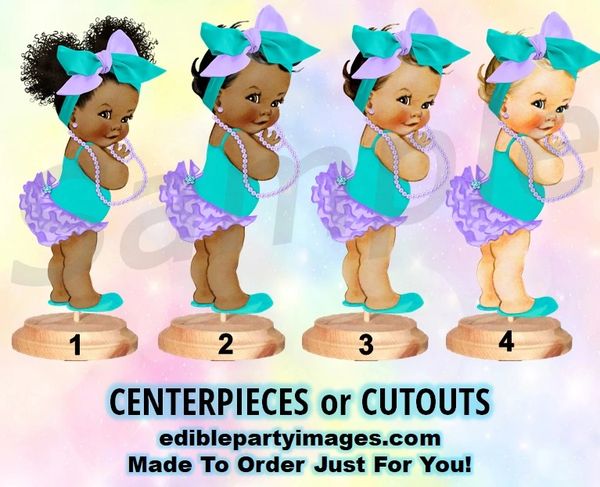 Ruffle Pants Baby Girl Centerpieces with Stand or Cut Outs, Lavender and Turquoise Big Head Bow