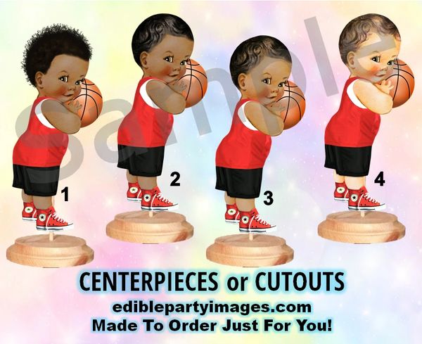 Basketball Player Baby Boy Centerpiece with Stand OR Cut Outs, Red and Black Sneakers