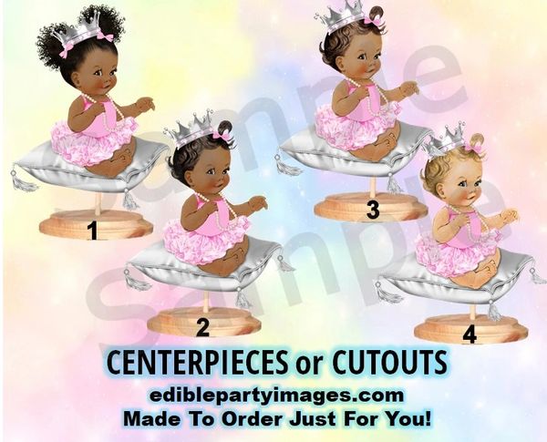 Royal Princess Girl Centerpiece with Stand OR Cut Outs, Pink and Silver Baby on Pillow