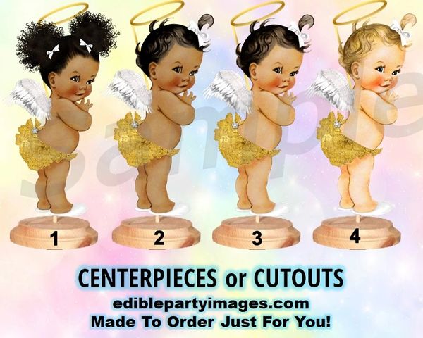 Heaven Sent Angel Baby Girl Centerpiece with Stand OR Cut Outs, Gold Ruffle Pants Halo Wings
