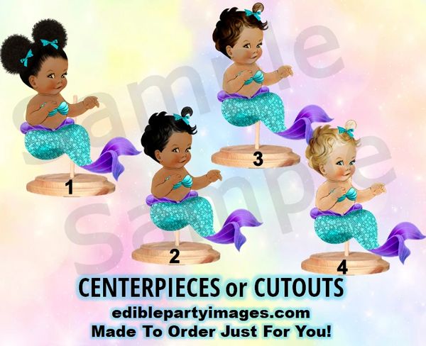 Sitting Mermaid Baby Girl Centerpiece with Stand OR Cut Outs, Turquoise Purple Tail MerBaby