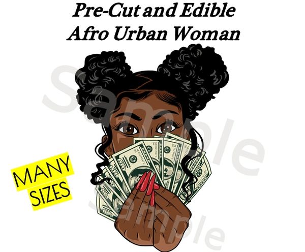Afro Woman Holding Money EDIBLE Image Cake Topper Image Cupcake, Afro Puff Hair, Street Urban Girl, Long Nails, Afro Diva Girl Money, Pre Cut