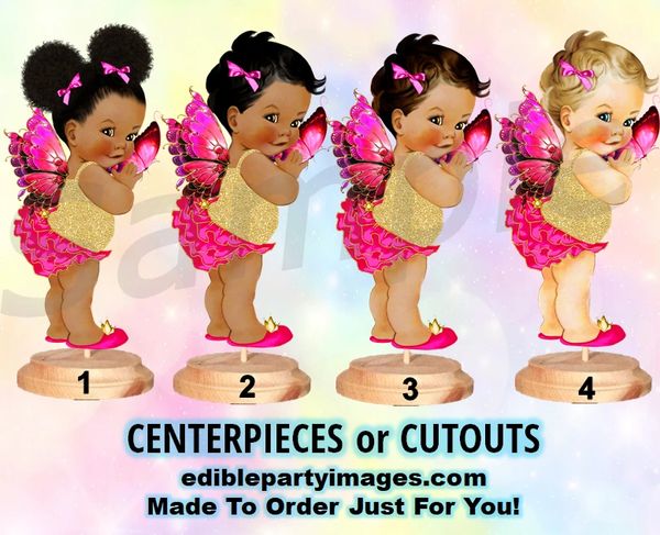 Butterfly Princess Baby Girl Centerpiece with Stand OR Cut Outs, Hot Pink Gold Wings