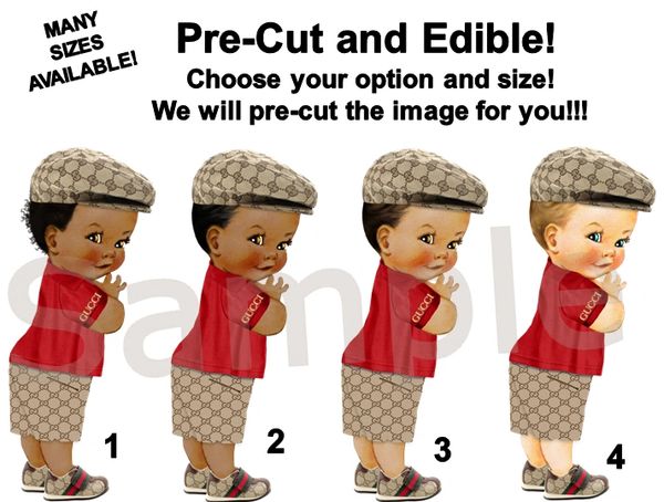 Gucci Baby Boy EDIBLE Cake Topper Image Sugar Sheet Cupcakes, Red Beige Cap Sneakers
