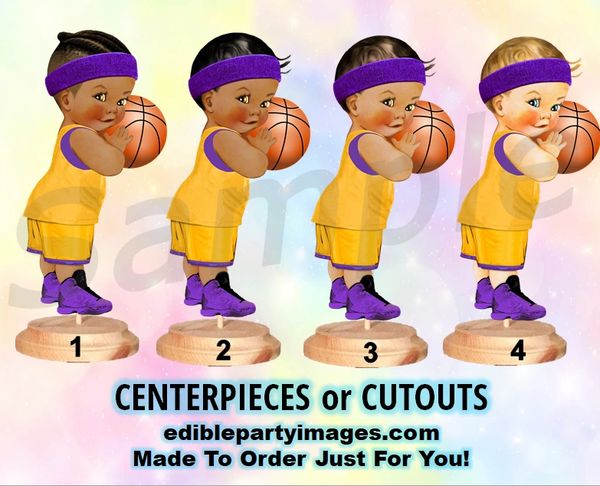Basketball Player Baby Boy Centerpiece with Stand OR Cut Outs, Purple and Gold Lakers Uniform