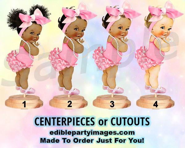 Princess Ruffle Pants Baby Girl Centerpiece with Stand OR Cut Outs, Pink Big Head Bow