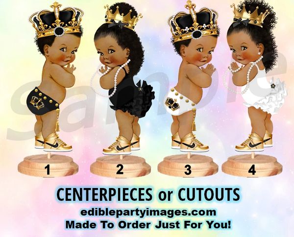 Royal Prince or Princess Centerpiece with Stand OR Cut Outs, Black White Gold, Royal Twin Babies