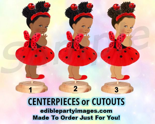 Ladybug Baby Girl Centerpiece with Stand OR Cut Outs, Afro Ladybug Centerpieces