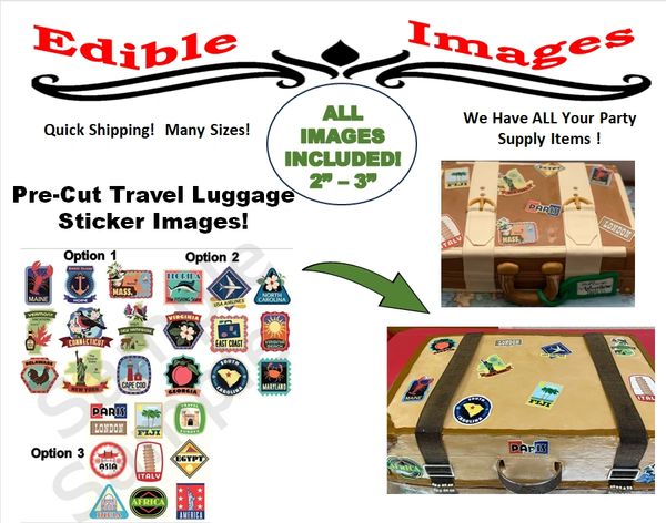 Luggage Travel EDIBLE Images Decals for Cake, Cookies, Cupcakes, Travel Edible Stickers, Luggage Travel Cake, Travel Cupcake Images, World