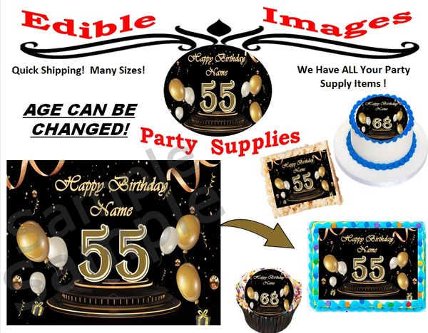 Custom Birthday Edible Cake Topper for Cakes, Cupcakes, Cookies, Krispy Treats. Black and Gold Birthday Balloons Age, Vintage Over the Hill