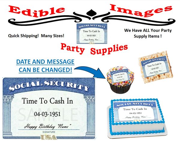 Social Security Edible Cake Topper Image Cupcakes, Over the Hill Party Cake Image, Social Security Card Sugar Paper Sheet, Miniature Easy