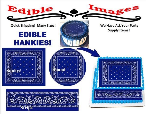 Blue Bandana Pattern Handkerchief Edible Topper Image for Cakes, Cupcakes, Cake Strips Wraps, Edible Hankie Tops, edible wrap around or top