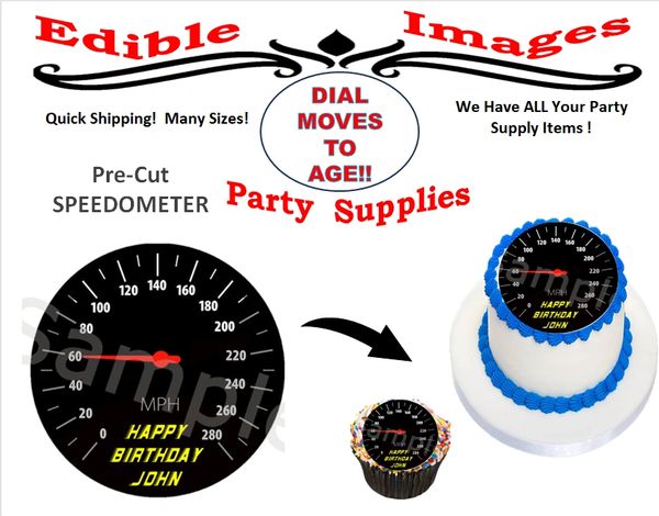 Racing Speedometer EDIBLE Cake Cupcake Image Topper, Speeding Cake, Sweet 16 Cake, Racing Cake, Motorcycle Speed Cake, Dial Points to Age