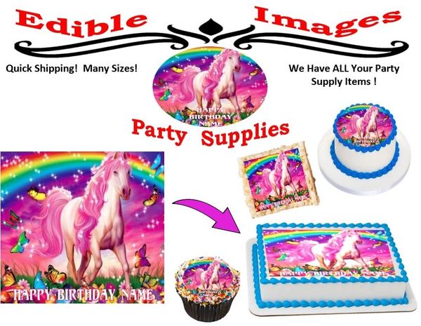 Rainbow Unicorn Edible Cake Topper Image, Rainbow Unicorn Cupcakes, Unicorn Cake, Rainbow Unicorn Butterflies Flowers Cake, Edible Image