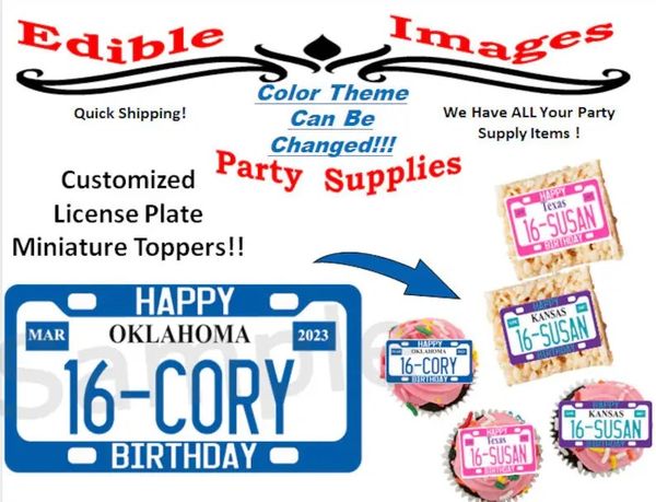20 Custom License Plates Edible Toppers Images, Sweet 16 Toppers, Miniature License Plate Images, Permit or Drivers License Party, Any Color