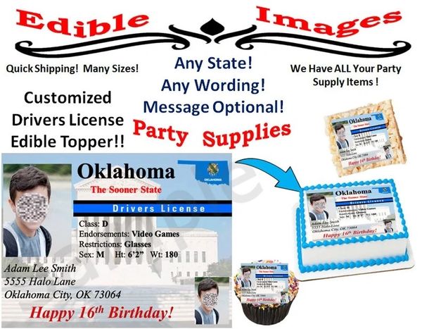 Drivers License Edible Topper Image Cupcakes, Any State Personalized Drivers License, Sweet Sixteen License, Drivers License Cake, sugar