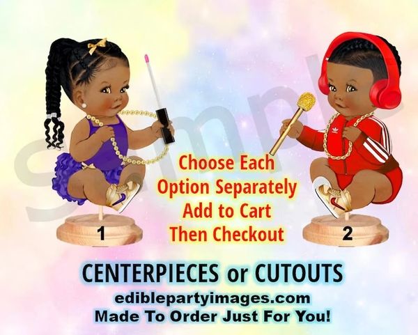 Hip Hop Beats Beauty Baby Centerpieces with Stand OR Cut Outs, Gender Twins Centerpieces, Royal Purple Red, Beauty or Beats Babies Cutout