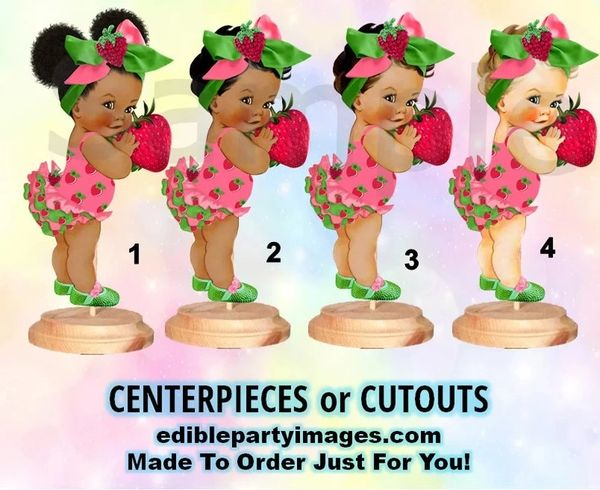 Sweet Strawberry Baby Girl Centerpieces with Stand OR Cut Outs, Pink Green Head Bow, Strawberry Baby Shower Centerpieces, Strawberry Cutouts
