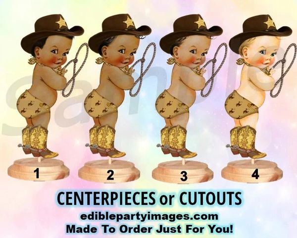Little Cowboy Baby Centerpiece with Stand OR Cut Outs, Brown Hat Lasso, Western Baby Shower Centerpieces, Baby Cowboy Cut Outs, Western Baby