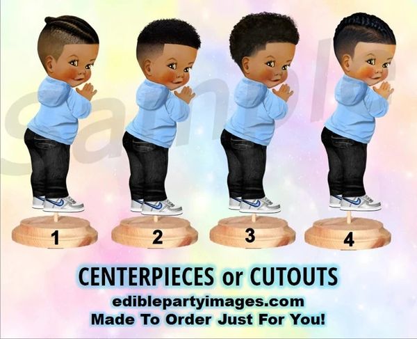 Dark Skin Ethnic Baby Boy Centerpieces OR Cut Outs, Denim Black Jeans, Blue Hoodie Sneakers, Baby Boy Shower Cut Outs, African American Boy