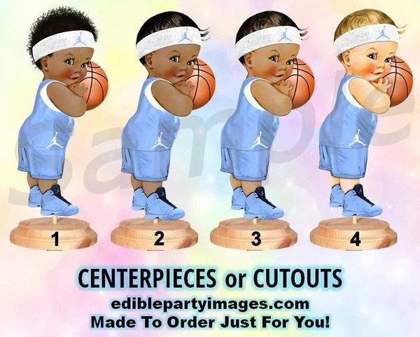 Basketball Player Baby Boy Centerpieces with Stand OR Cut Outs, Light Blue Basketball Free Throws, Basketball Baby Centerpieces, Afro Boy