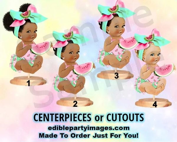 Watermelon Baby Girl Centerpiece with Stand OR Cut Outs, Light Pink Green Big Head Bow, Little Sweetie Baby Shower, Sitting Watermelon Baby
