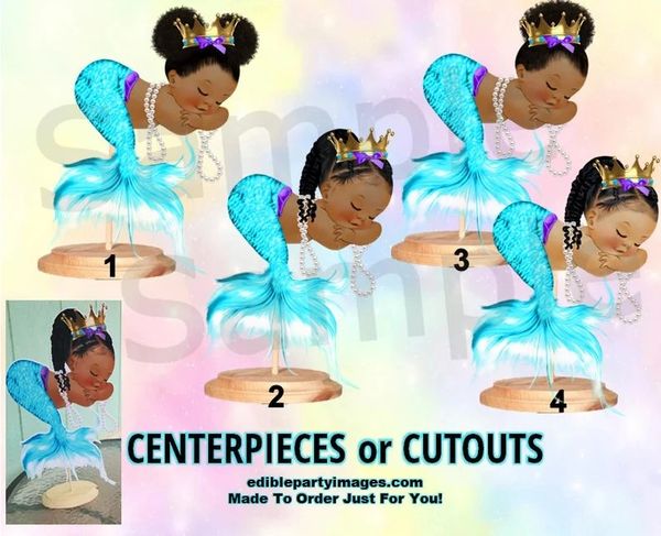 Sleeping Mermaid Baby Centerpiece with Stand OR Cut Outs, Princers Merbaby Centerpieces, Baby Shower Mermaid Theme, Turquoise Purple Bows
