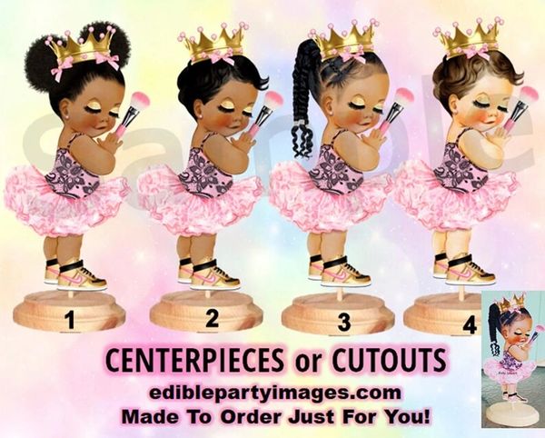 Lashes Ballerina Baby Girl Centerpiece with Stand OR Cut Outs, Pink Black Tutu Sneakers, Layup or Makeup Centerpieces, Baby Shower Cut Outs