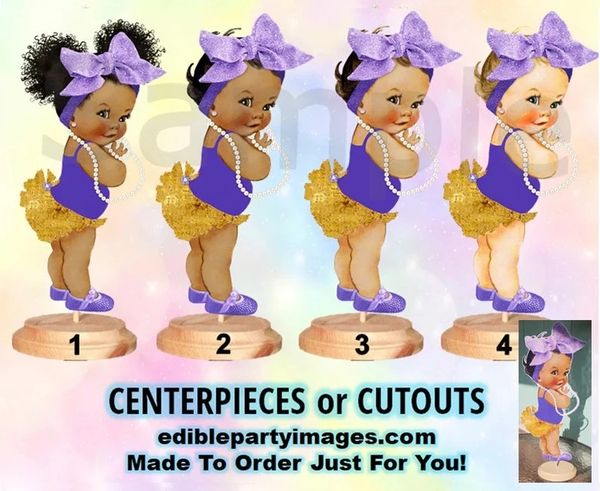 Ruffle Pants Big Head Bow Baby Girl Centerpieces with Stand or Cut Outs, Purple Gold Rhinestone Shoes, Baby Shower Centerpieces, Purple Bows