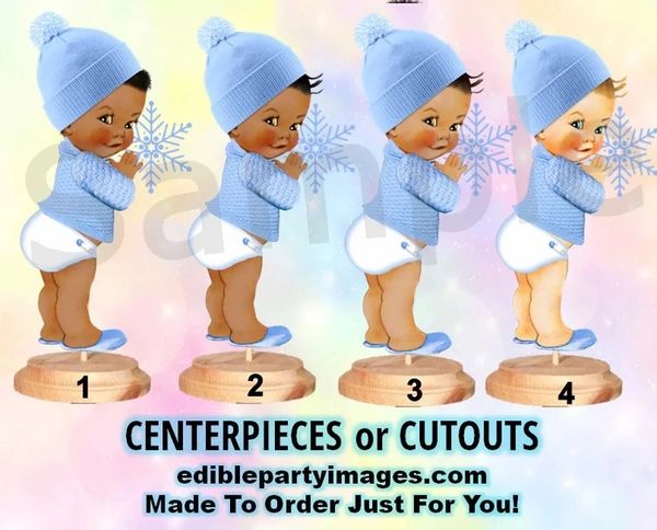 Baby It's Cold Winter Baby Centerpiece with Stand OR Cut Outs, Light Blue Winter Wonderland, Sweater Hat Snowflake, Winter Baby Centerpieces