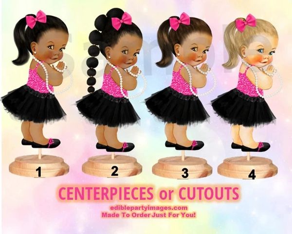 Princess Baby Doll Girl Centerpiece with Stand OR Cut Outs, Pink Black Skirt, High Ponytail, Princess Baby Shower, Princess Girl Cut Outs