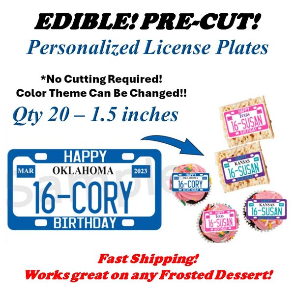 20 Custom License Plates Edible Toppers Images, Sweet 16 Toppers, Miniature License Plate Images, Permit or Drivers License Party, Any Color
