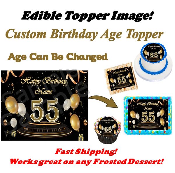 Custom Birthday Edible Cake Topper for Cakes, Cupcakes, Cookies, Krispy Treats. Black and Gold Birthday Balloons Age, Vintage Over the Hill