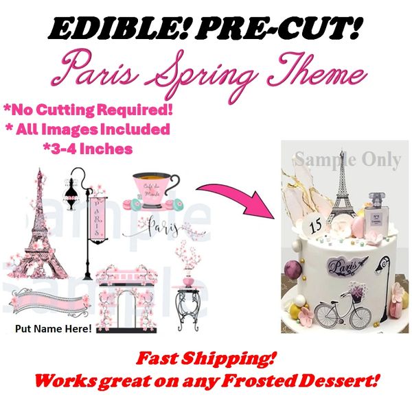 Paris in the Spring Edible Images, Paris Eiffel Tower Decals for Cakes, Paris Cherry Blossoms Eiffle Tower, Paris Bonjour Images, Pre-Cut!!