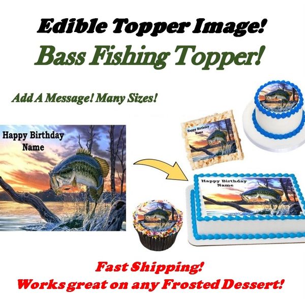 Big Mouth Bass Fishing Edible Cake Topper Image Cupcakes, Father's Day Fish Cake, Bass Cake, Bass Cupcakes, Father's Day Ideas, Bass Fishing
