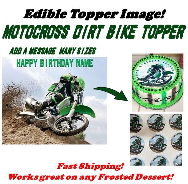 Motocross Dirt Bike Racing Edible Cake Topper Image, Motocross Cake, Dirt Bike Cupcakes, Motocross Cupcakes, Dirt Bike Party, Green Bike
