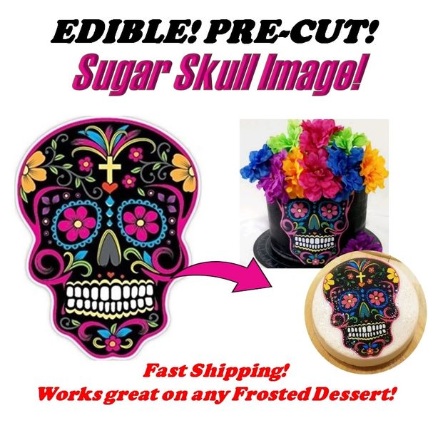 Black Mexican Sugar Skull Day of the Dead Edible Cake Topper Image, Sugar Skull Cake, Sugar Skull Decal, Day of the Dead Cake, Sugar Skull
