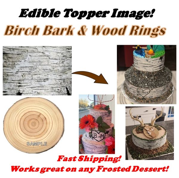 Birch Bark Wood Tree Rings Edible Cake Topper Image, White Birch Wedding Cake, Tree Rings, White Birch Cake Strips, Birch Cake, Wedding Cake