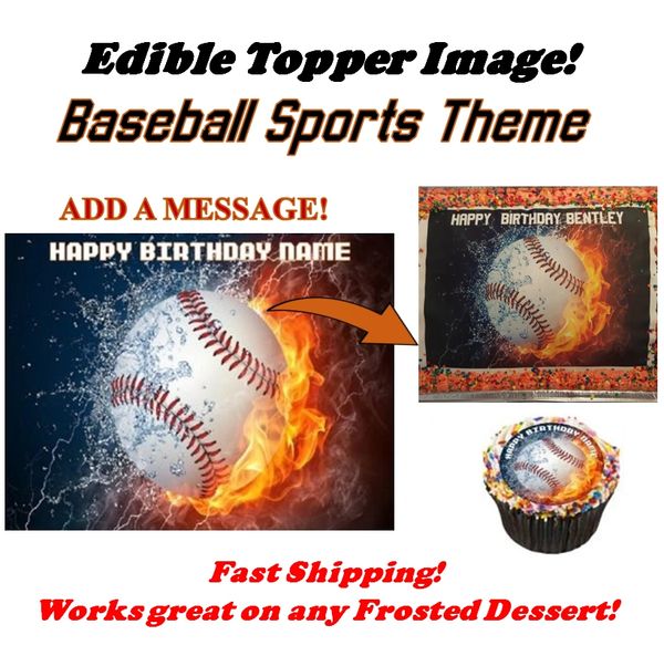 Baseball Fire Water Sports Edible Cake Topper Image, Baseball Cupcakes, Baseball Party Supplies, Edible Images, Baseball Birthday Party