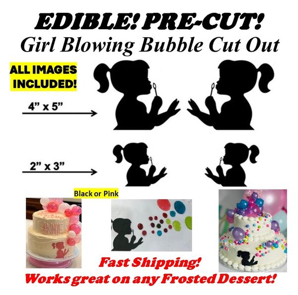 Girl Blowing Bubbles Silhouette Edible Cake Topper Image, Girl Silhouette Edible Sticker Decoration, Girl Blowing Silhouette Edible, Pre Cut