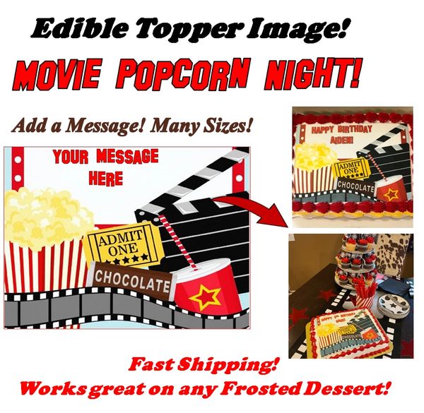 Movie Popcorn Night Party Edible Cake Topper Image Cupcake, Movie Night Cake, Movie Night Cupcakes, Movie Popcorn Edible Image, Sweet 16