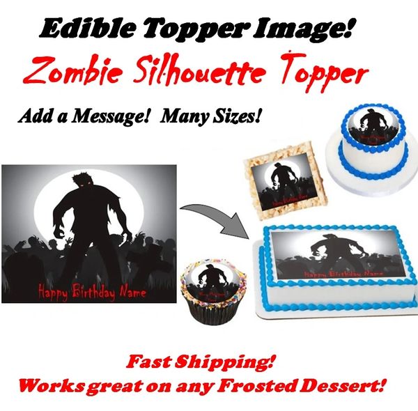 Zombie Silhouette Edible Cake Topper Image Frosting Sheet Cupcakes, Zombie Cake, Halloween Cake, Zombie, Moon Graveyard, Zombie Cupcakes