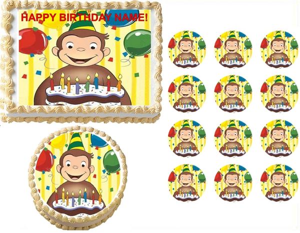 Curious George with Cake Edible Cake Topper Image Frosting Sheet
