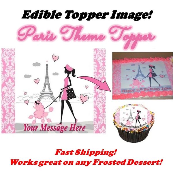 Pink and White PARIS Damask LADY POODLE Eiffel Tower Edible Cake Topper Image Frosting Sheet Cake Many Sizes!