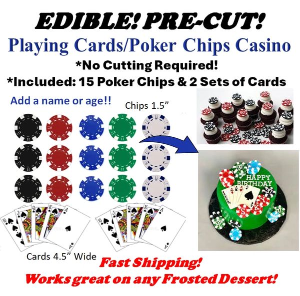 Pre-Cut Edible Poker Chips & Playing Cards. Royal Flush Edible Cards. Gambling, Casino, Poker Night Cake Decals. Customize Your Poker Chips