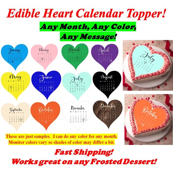 2024 Heart Shape Calendar Edible Cake Topper. For Birthdays, Weddings, Graduations and more! Made on Sugar Frosting Sheets. Heart Cake Image