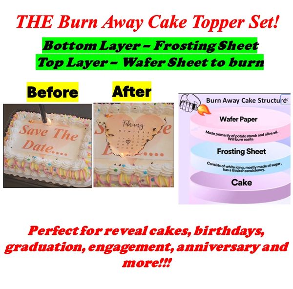 Custom Burn Away Cake Edible Image Topper Set. You get 1 edible wafer sheet & edible frosting sheet. Gender Reveal, Save the Date, Birthday