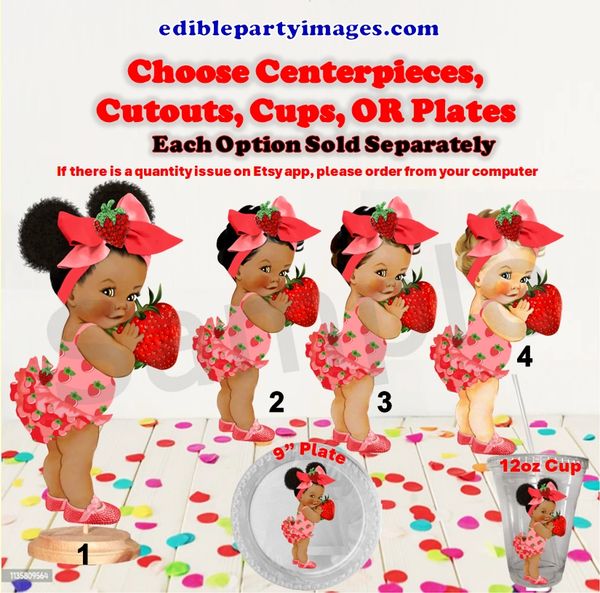 Strawberry Baby Girl Centerpiece with Stand OR Cut Outs, Pink Red Head Bow