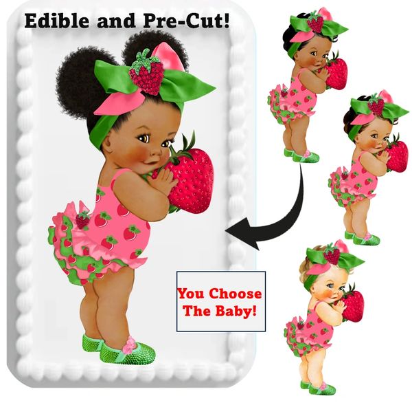 Strawberry Theme Baby Girl Edible Cake Toppers! Pink Green on frosting paper and comes already cut! Baby shower cake, gender reveal cake