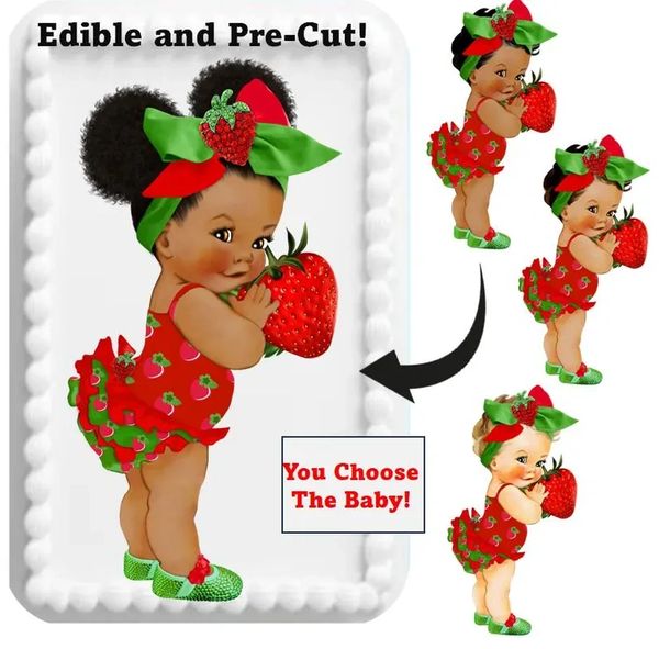 Strawberry Theme Baby Girl Edible Cake Toppers! Red Green on frosting paper and comes already cut! Baby shower cake, gender reveal cake